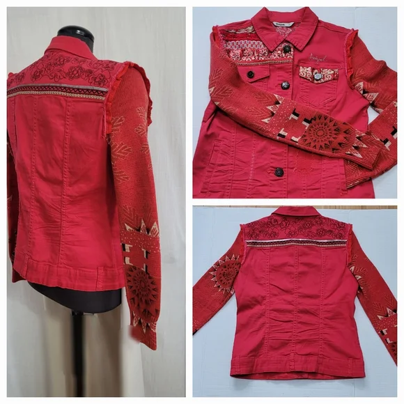 Desigual Red Embroidered Jean Jacket with Patterned Sleeves / 38 - Picture 8 of 10